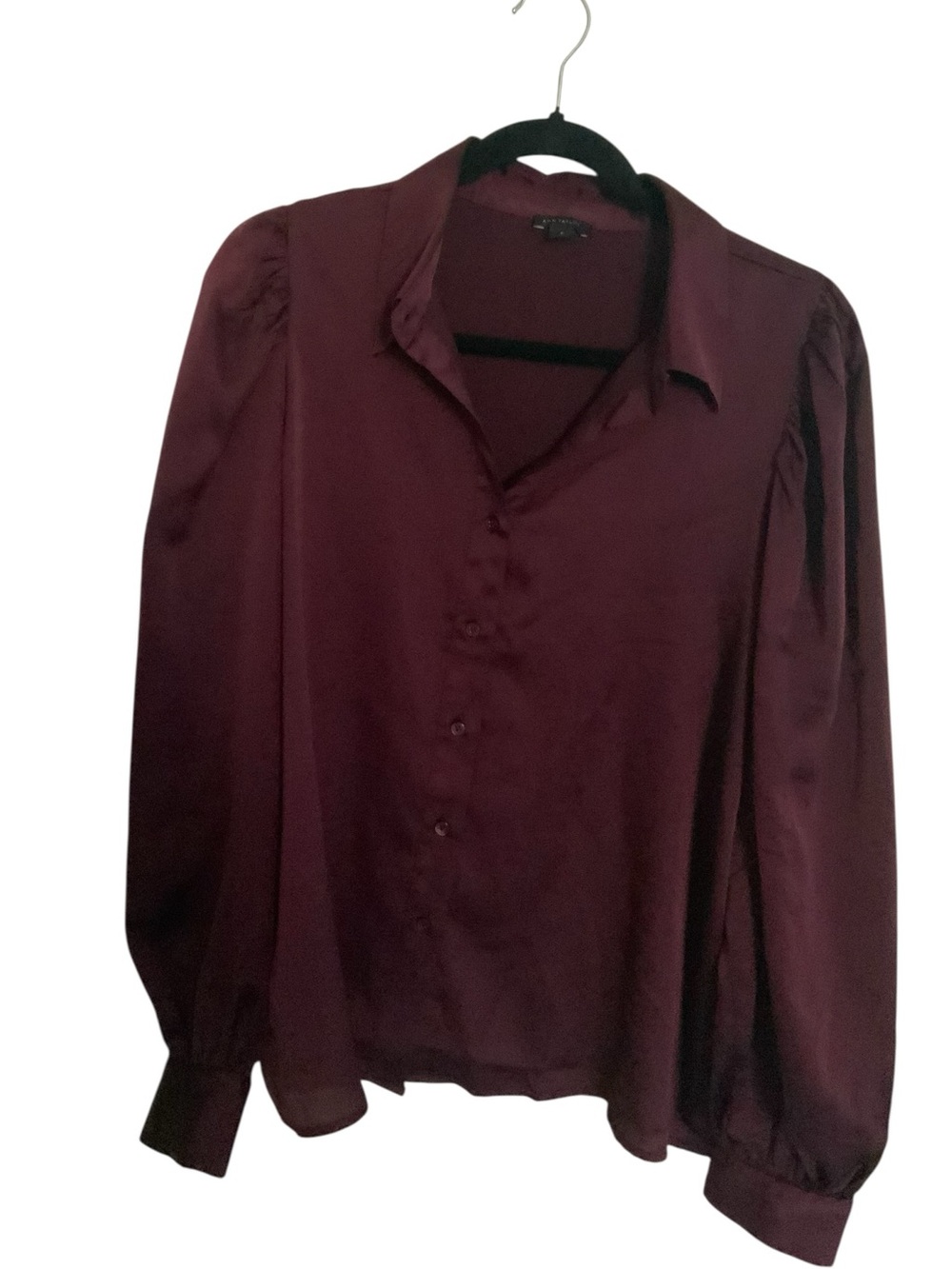 Ann Taylor Button Down Satin Blouson Sleeve Blouse Plum Medium